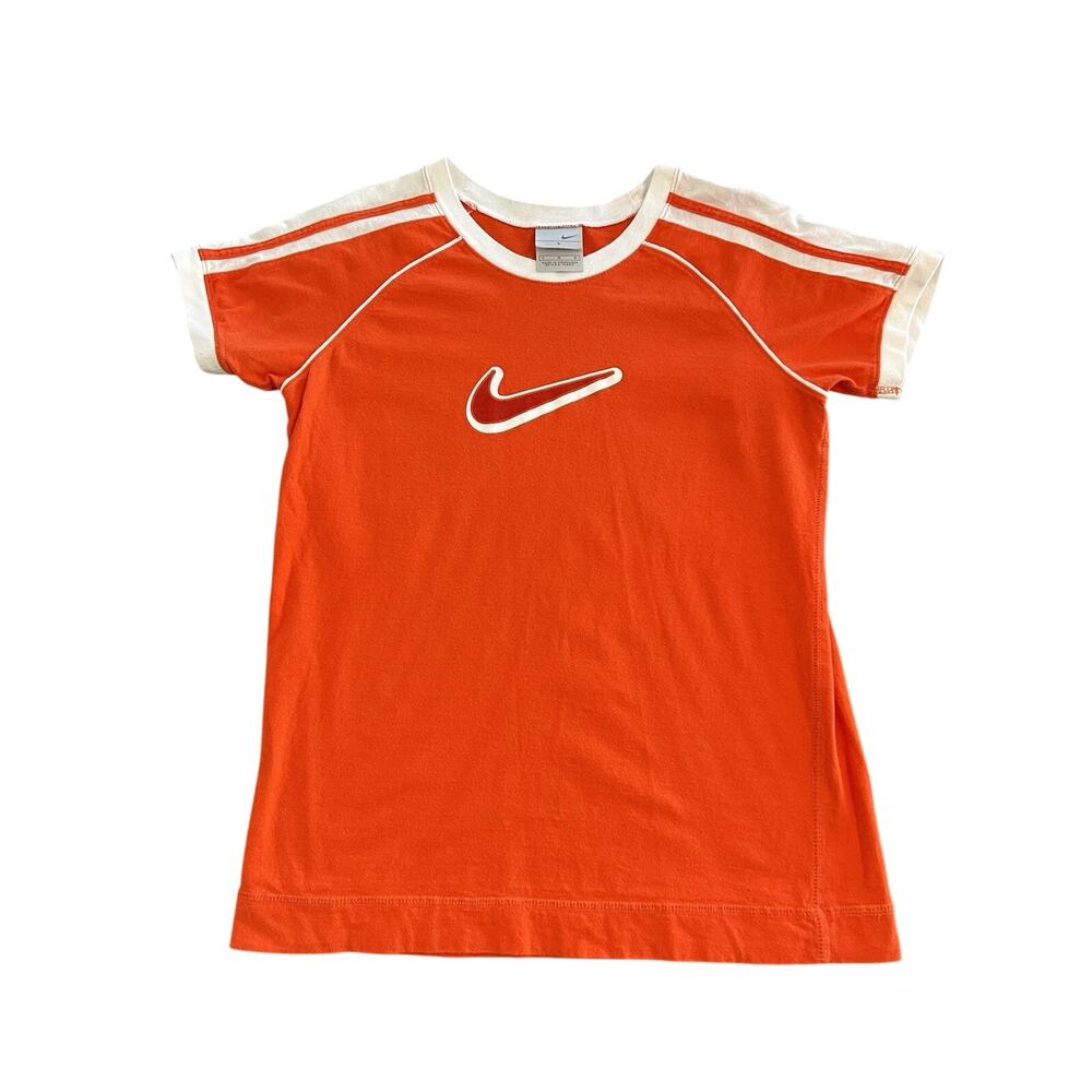 Nike T Shirt Women’s Size Large Tee Retro Stripe Short Sleeve Cotton Orange Y2K